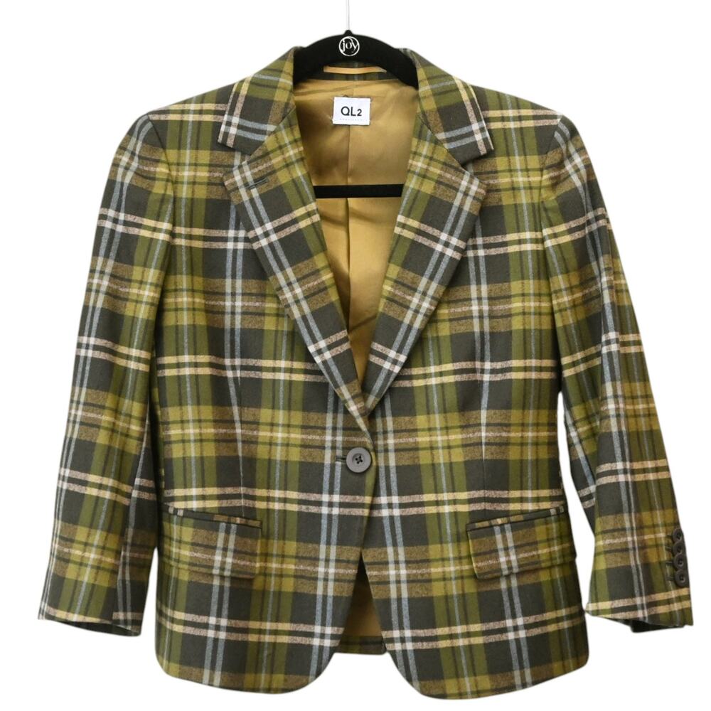 QL2 Quelledue Green Yellow Wool Blend Plaid Blazer Size 40 Approx US 4